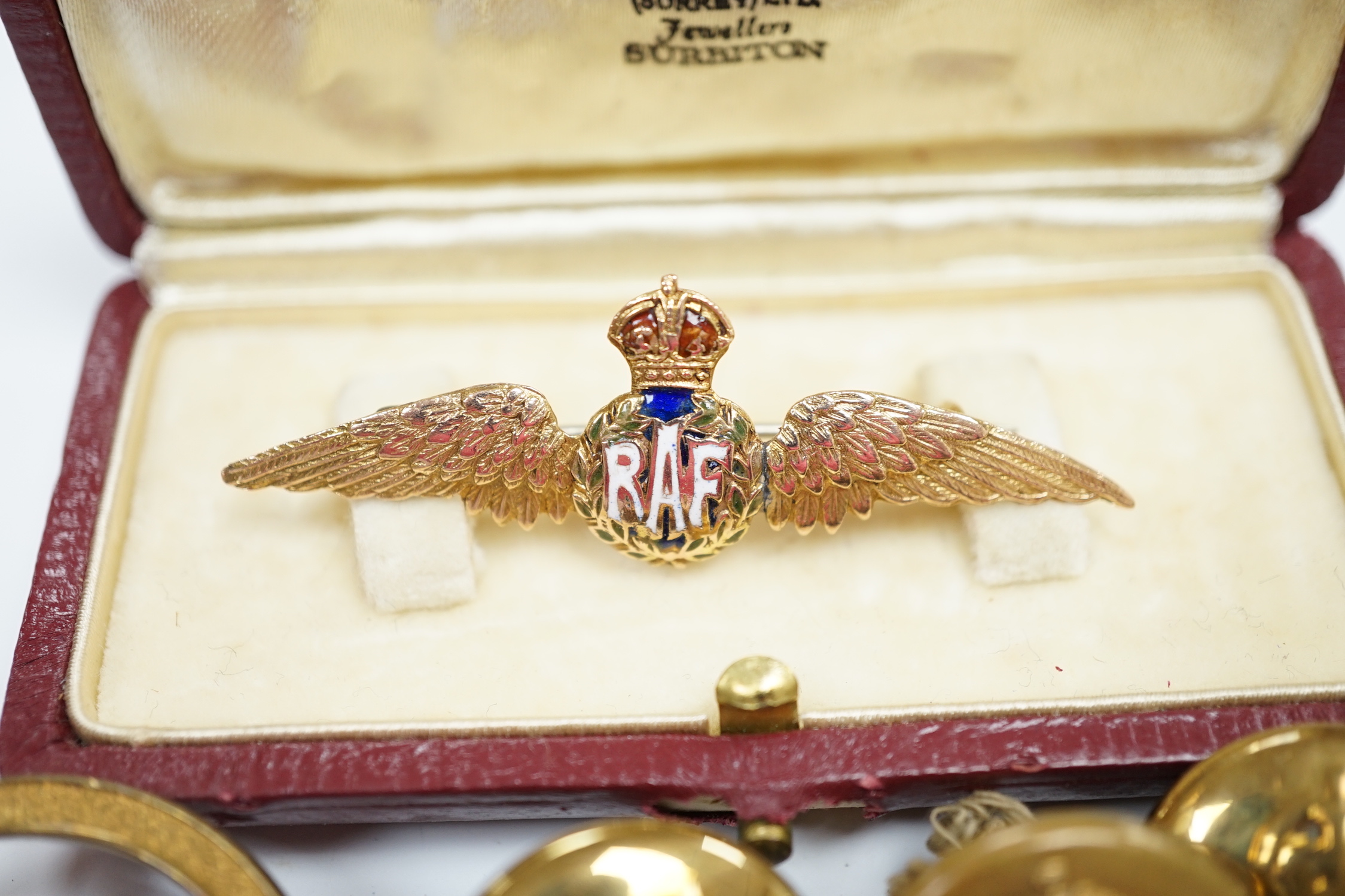 A 9ct. enamelled RAF Sweetheart brooch, an Elizabeth II General Service medal with Malaya bar to Cpl. A.J.L. Fuller R.A.F., a number of buttons and related sundries